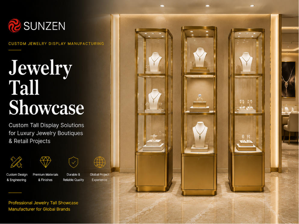 Luxury custom jewelry tall showcase manufactured by SUNZEN for vertical jewelry displays and boutique retail projects